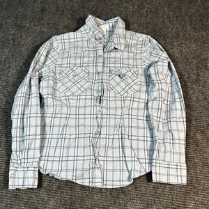 LIFE Western Snap Shirt Womens L Blue Plaid Excellent Pearl Snap Stretch Cotton